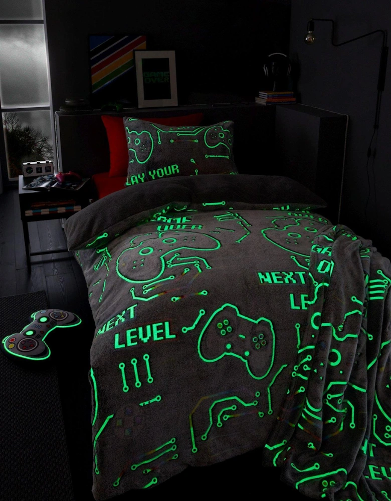 Game Over Glow In The Dark Fleece Duvet Cover Set - Black