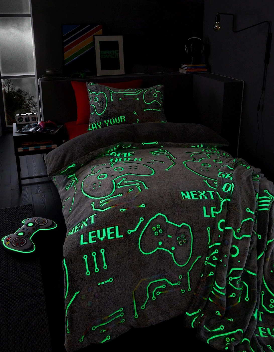 Game Over Glow In The Dark Fleece Duvet Cover Set - Black