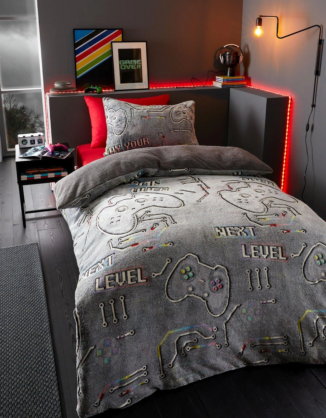 Game Over Glow In The Dark Fleece Duvet Cover Set - Black