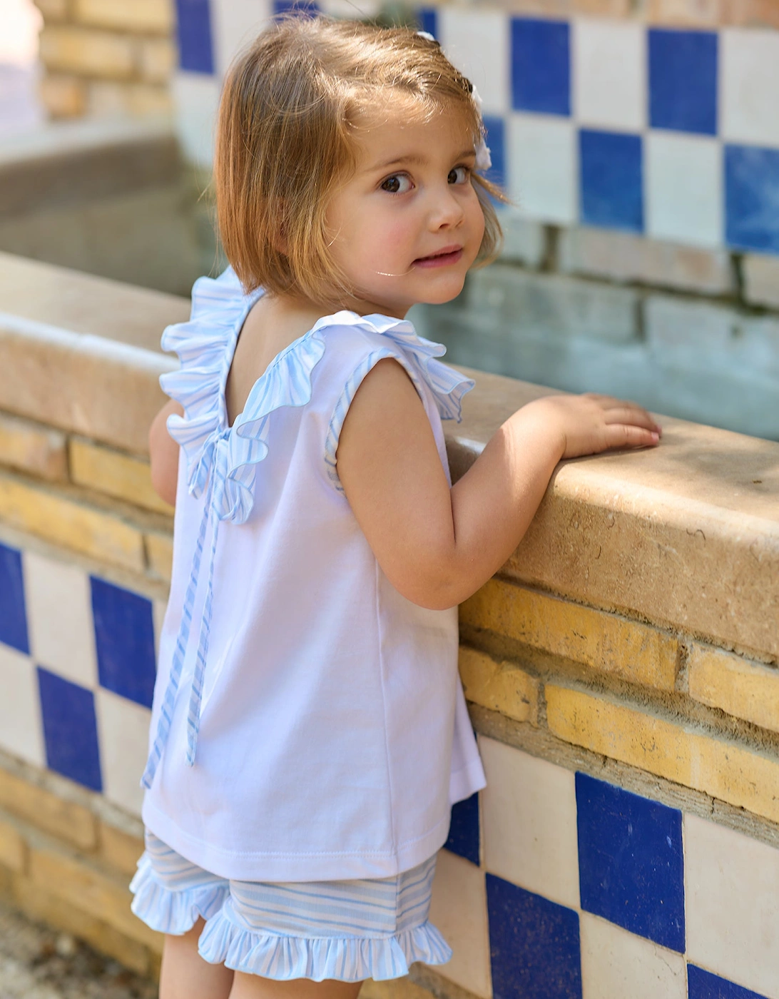 Girls Pale Blue Stripe Short Set