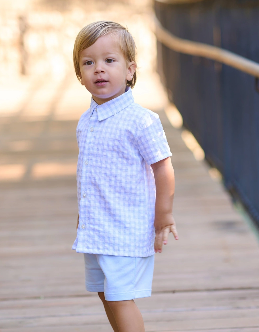 Boys Pale Blue Gingham Shirt Short Set