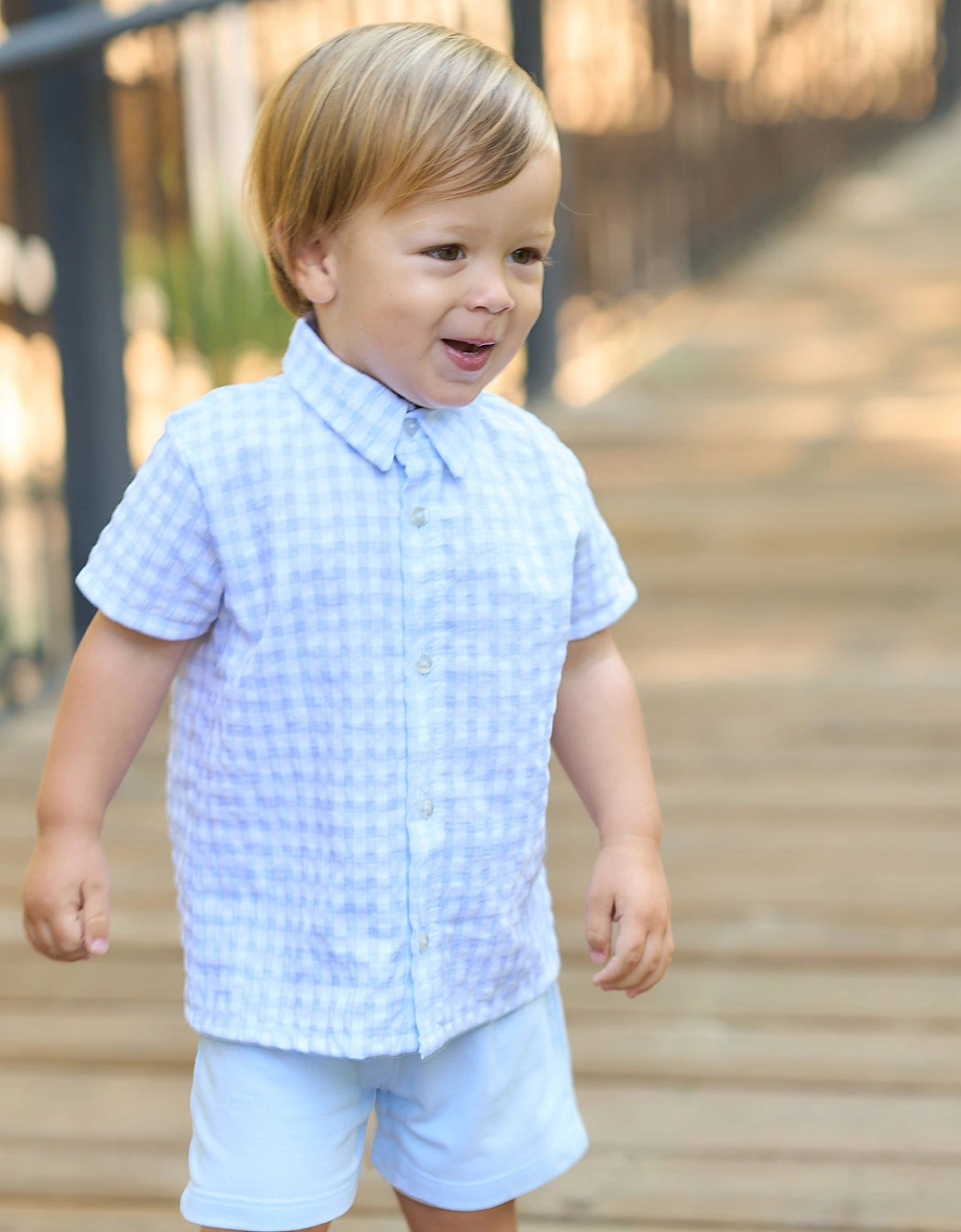 Boys Pale Blue Gingham Shirt Short Set