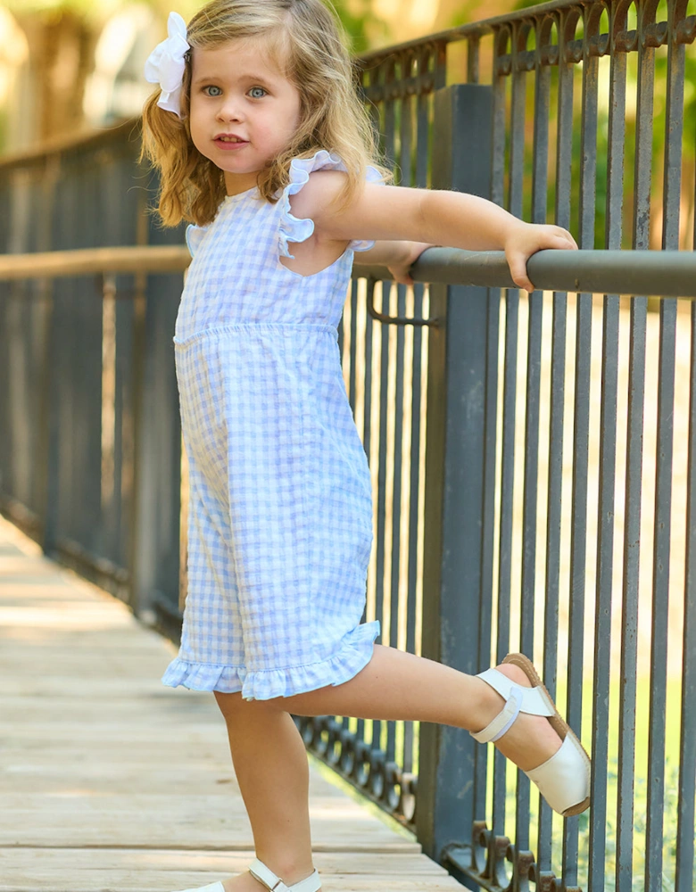 Girls Pale Blue Gingham Dungarees