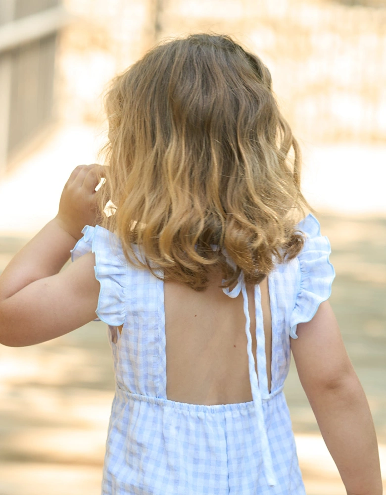 Girls Pale Blue Gingham Dungarees