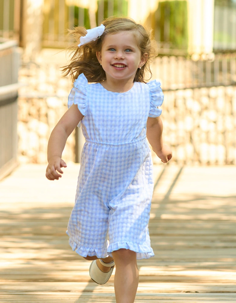 Girls Pale Blue Gingham Dungarees