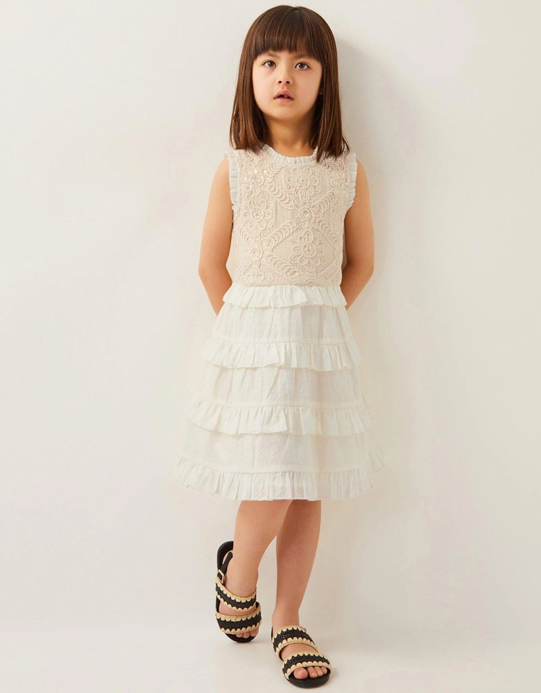 Girls Crochet Yoke Dress With Ruffle - Light Cream