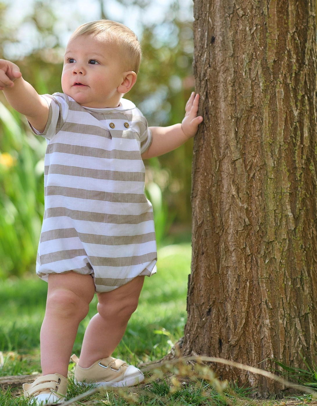 Boys Beige Stripe Romper.