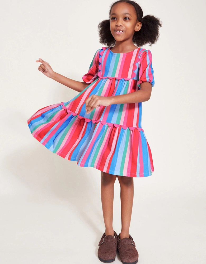 Girls Stripe Scallop Jersey Dress - Multi