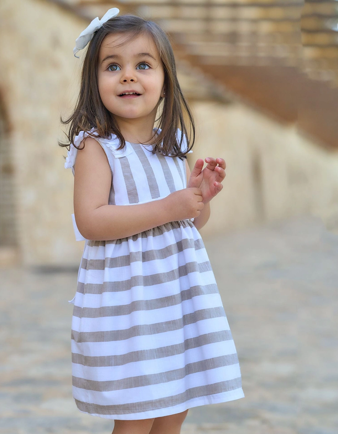 Girls Beige Stripe Dress.