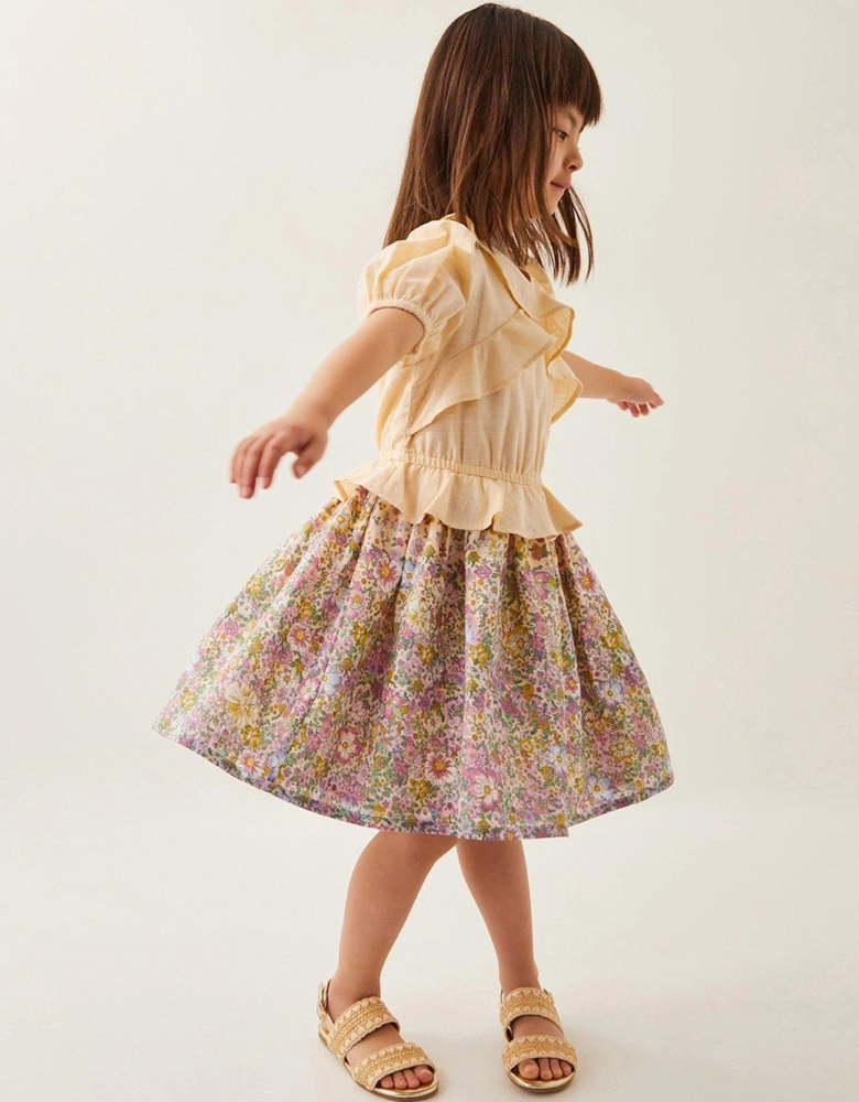 Girls Frilly Floral Cotton Dress - Yellow