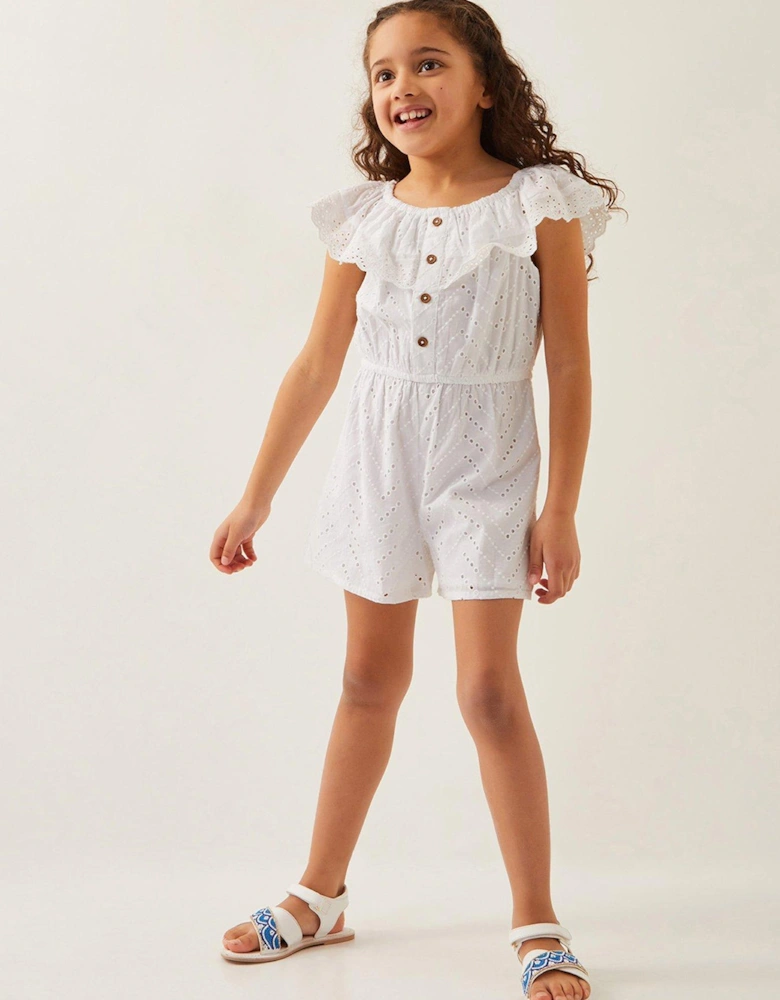 Girls Broderie Ruffle Playsuit - White