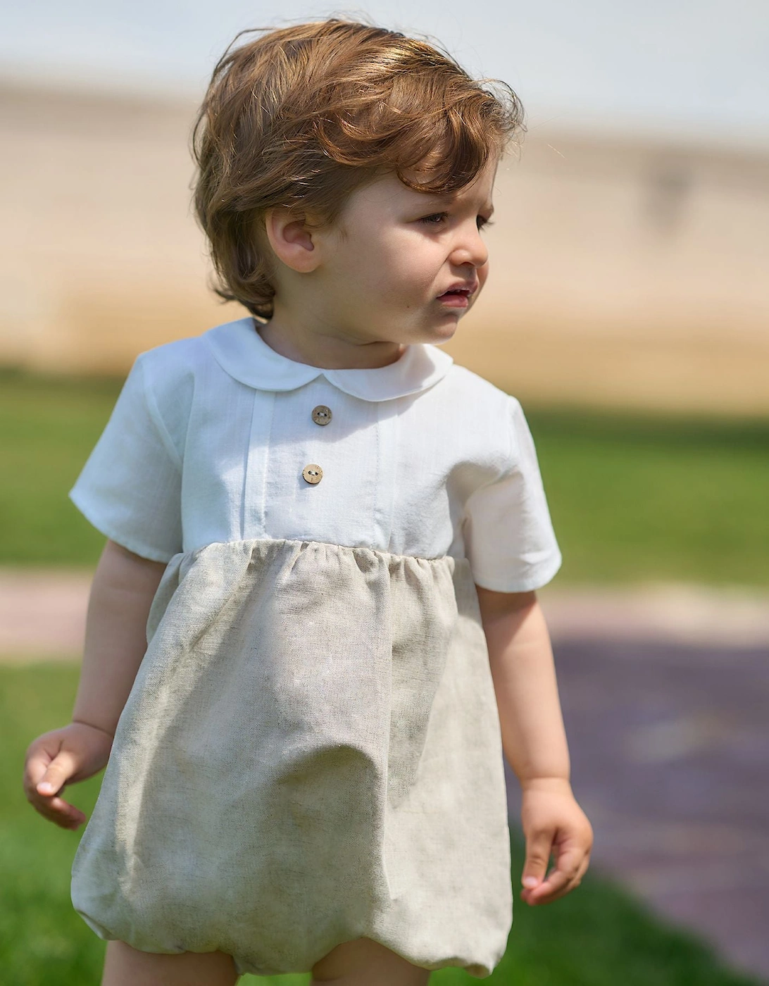 Boys Beige Linen Romper