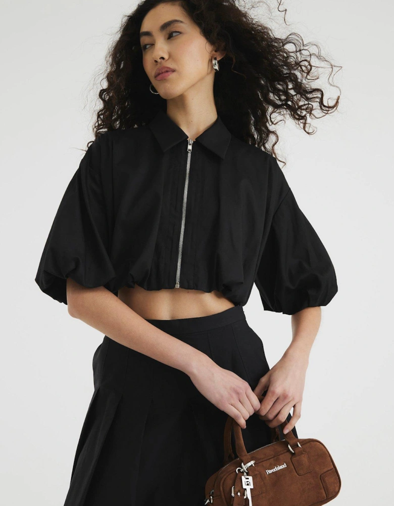 Zip Front Crop Shirt - Black