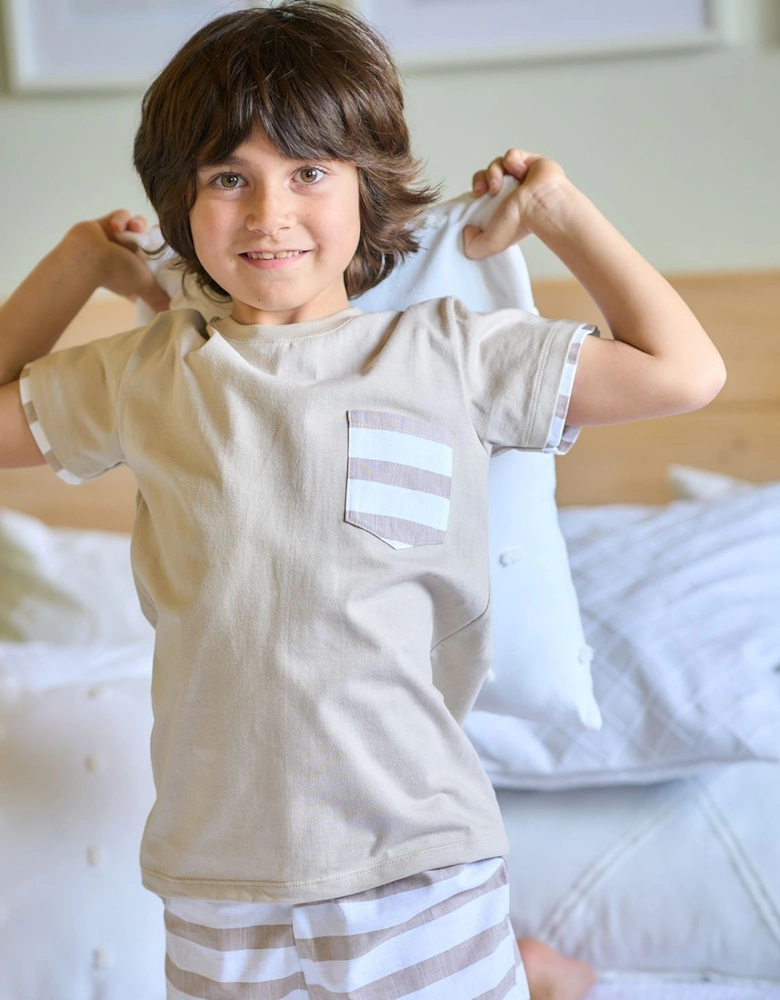 Boys Beige Stripe Short Set.