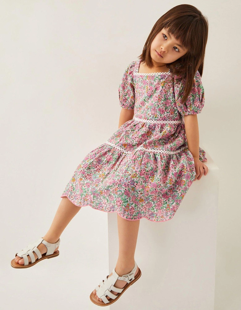 Girls Broderie Floral Puff-Sleeve Dress - Pink