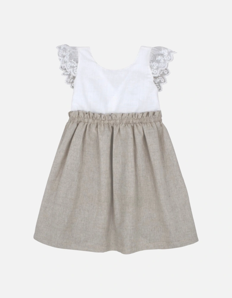 Girls Beige Linen Lace Dress.