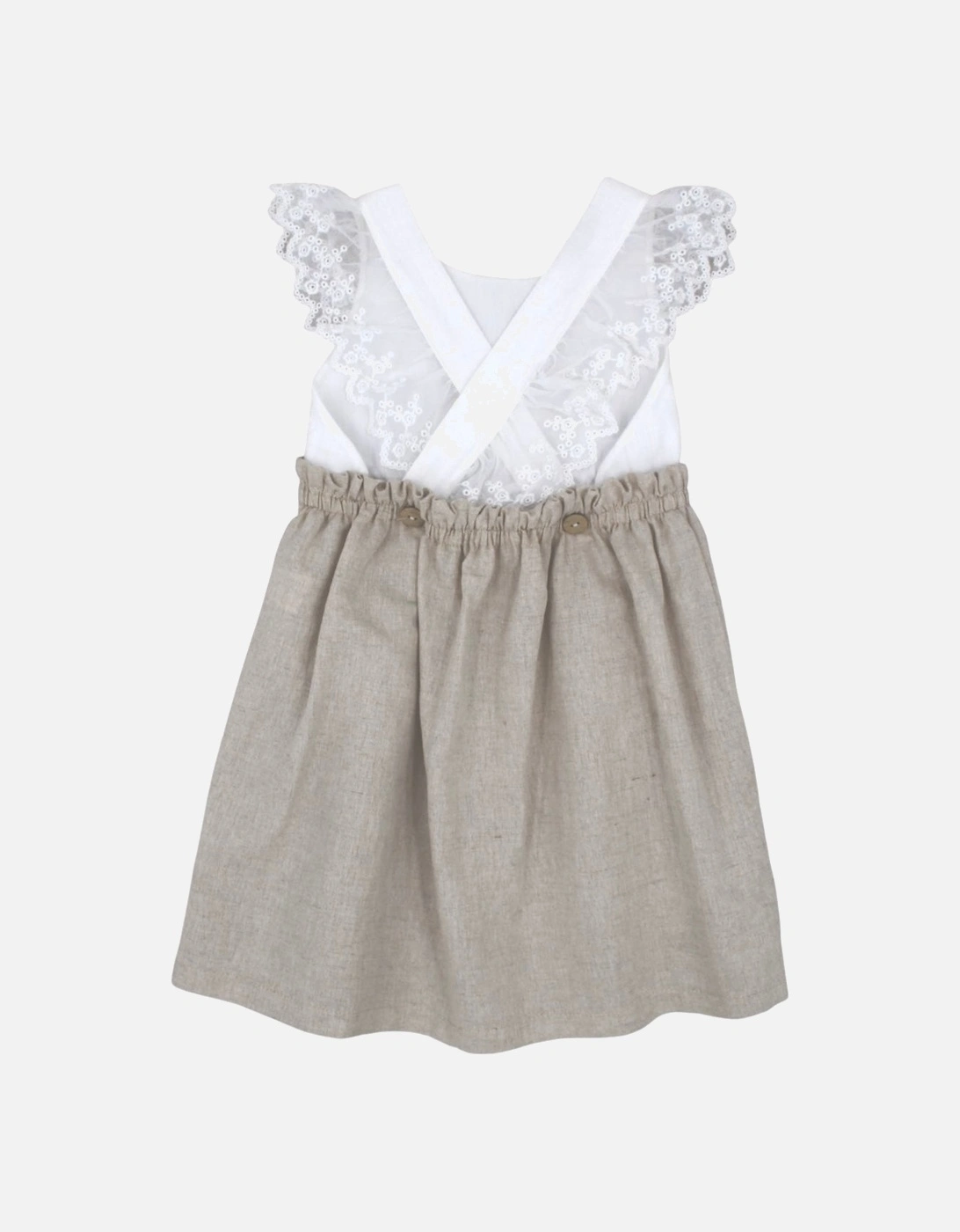 Girls Beige Linen Lace Dress.