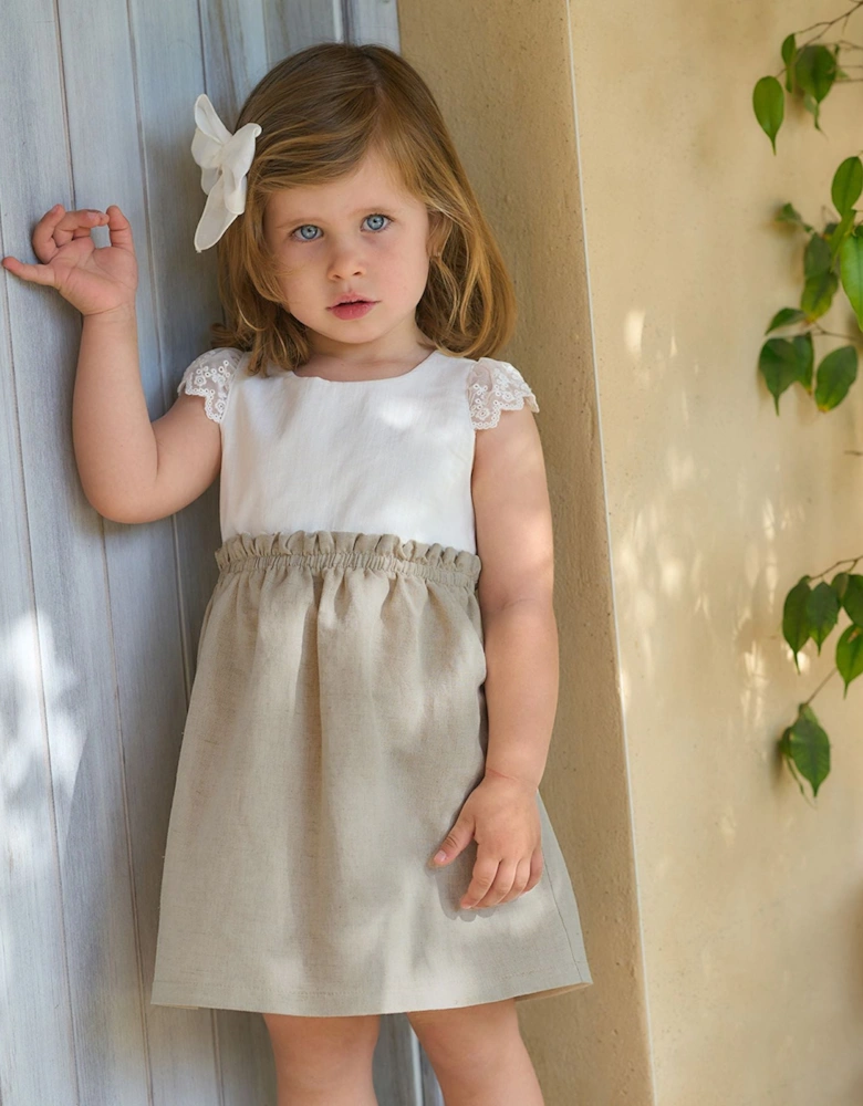 Girls Beige Linen Lace Dress.