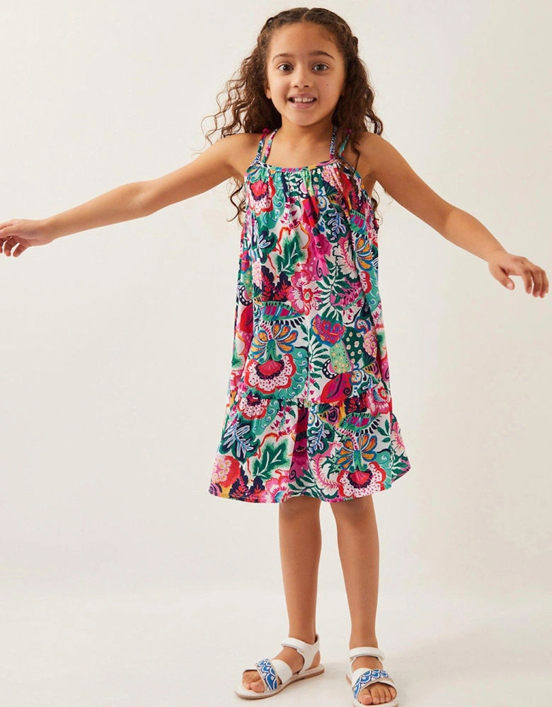 Girls Tropical Floral Swing Dress - Green