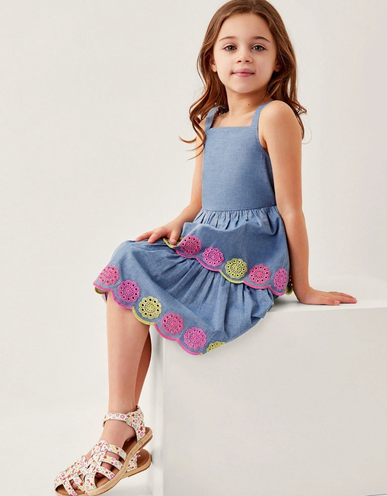 Girls Colourful Broderie Tiered Dress - Blue