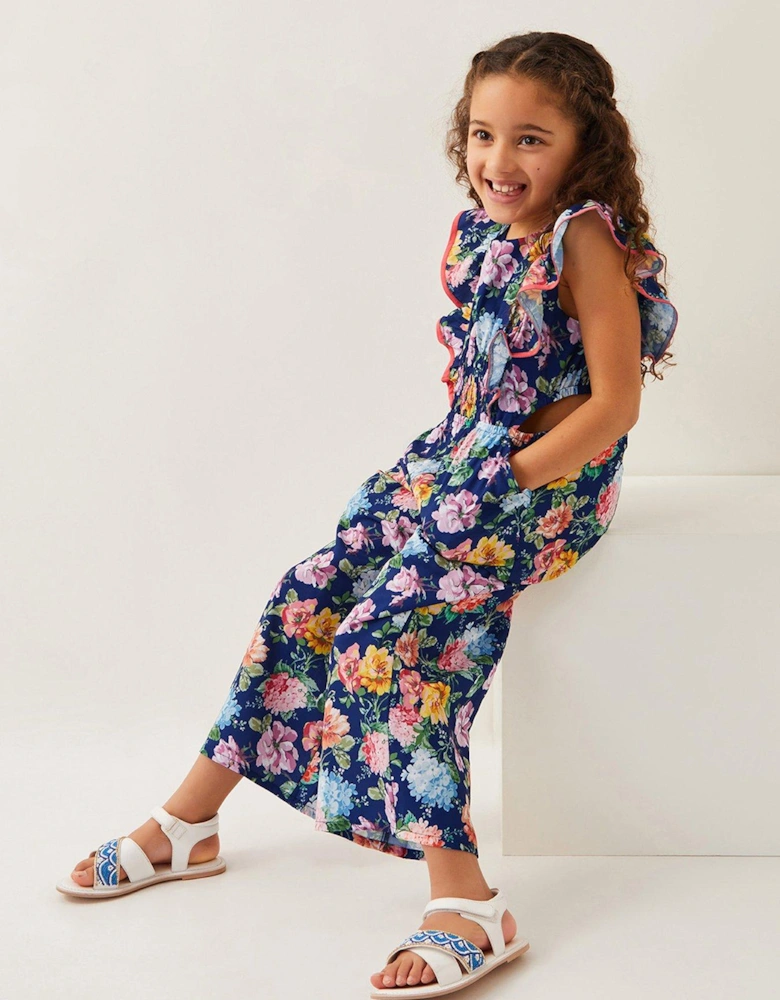 Girls Vintage-Style Floral Jumpsuit - Navy