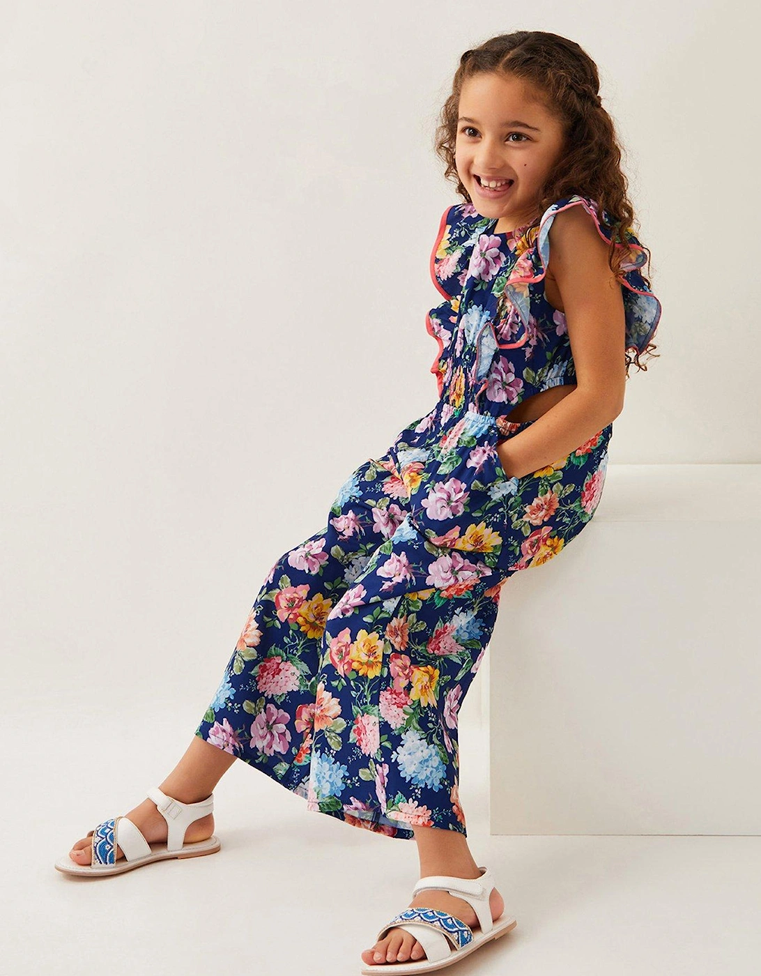 Girls Vintage-Style Floral Jumpsuit - Navy, 2 of 1