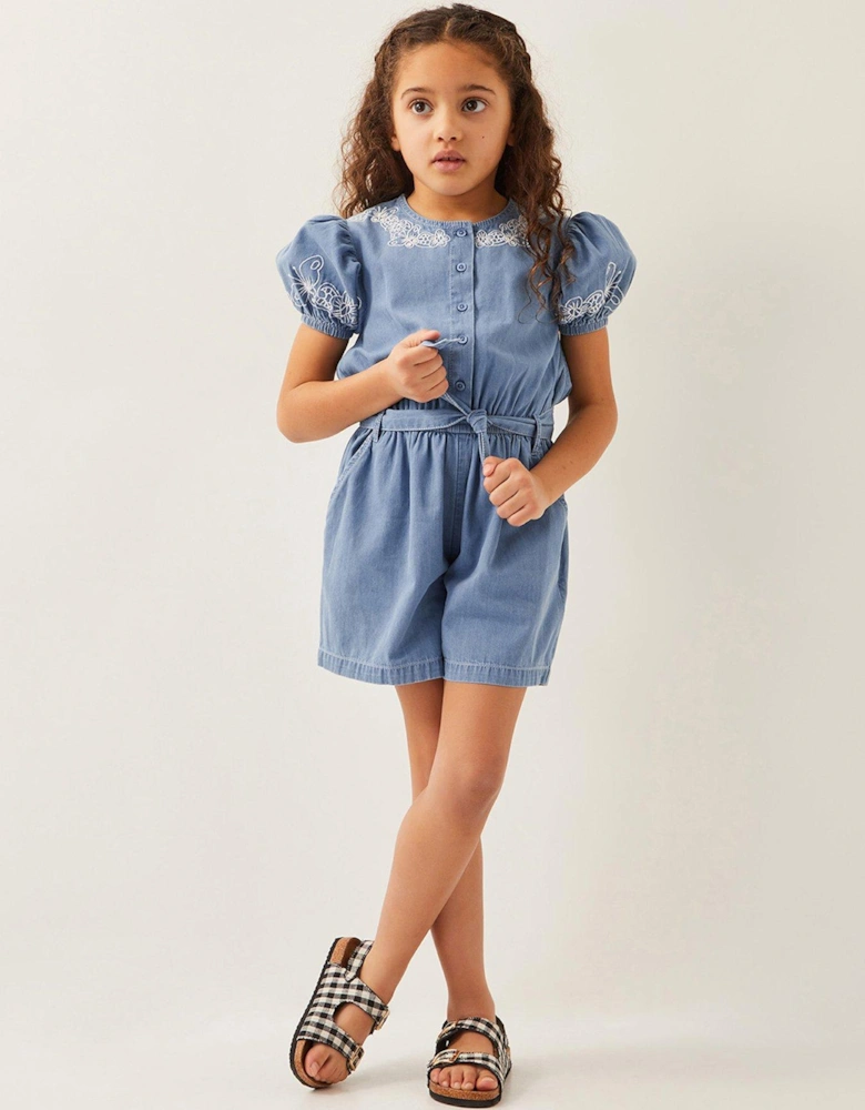 Girls Embroidered Chambray Short Sleeve Playsuit - Blue