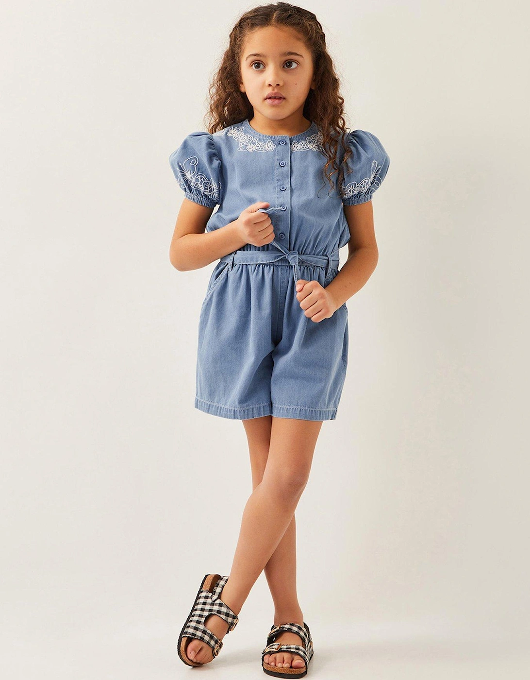 Girls Embroidered Chambray Short Sleeve Playsuit - Blue, 2 of 1