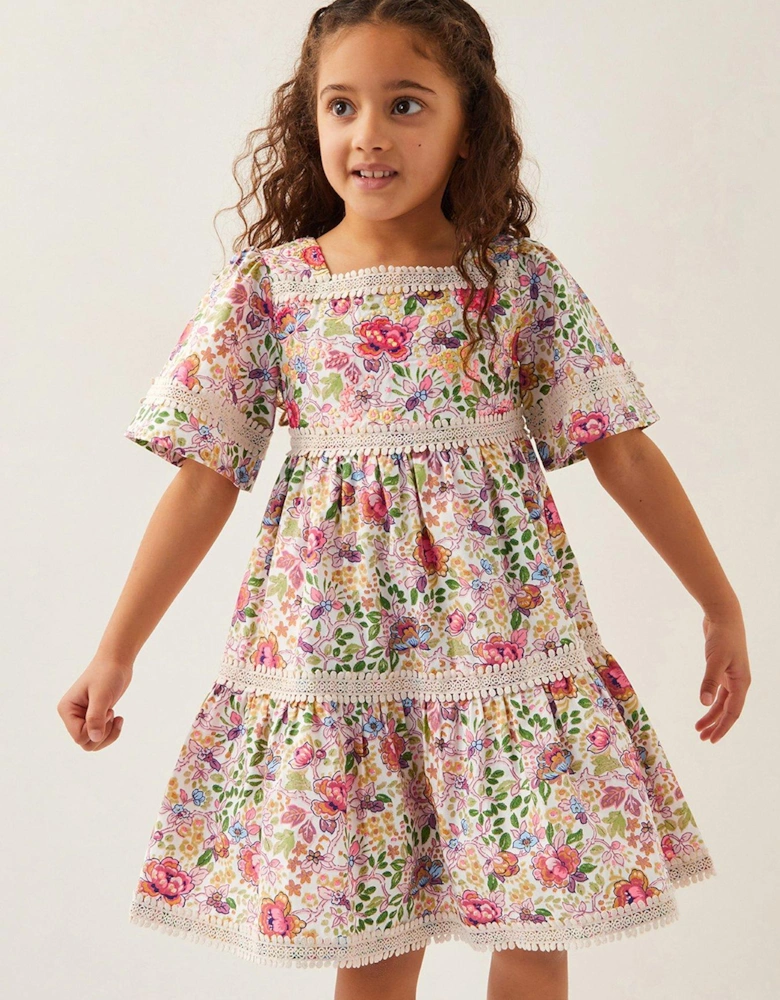 Girls Floral Print Short Sleeve Tiered Dress - Light Cream