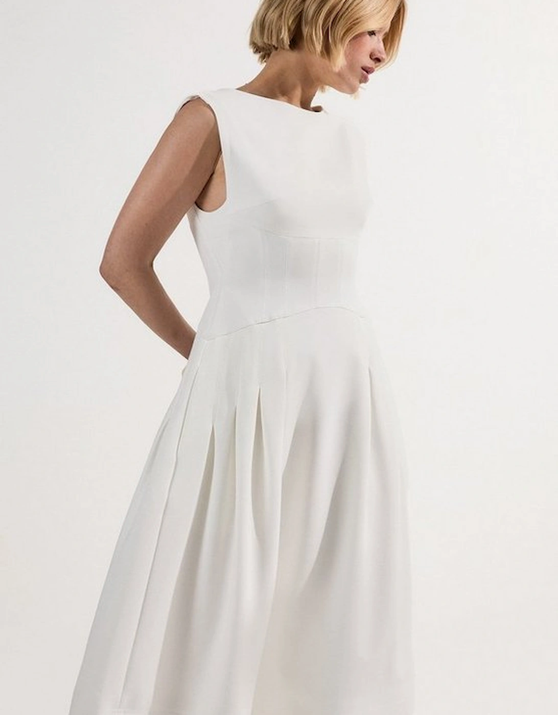 Compact Stretch Open Back Full Skirted Tailored Midi Dress, 4 of 3