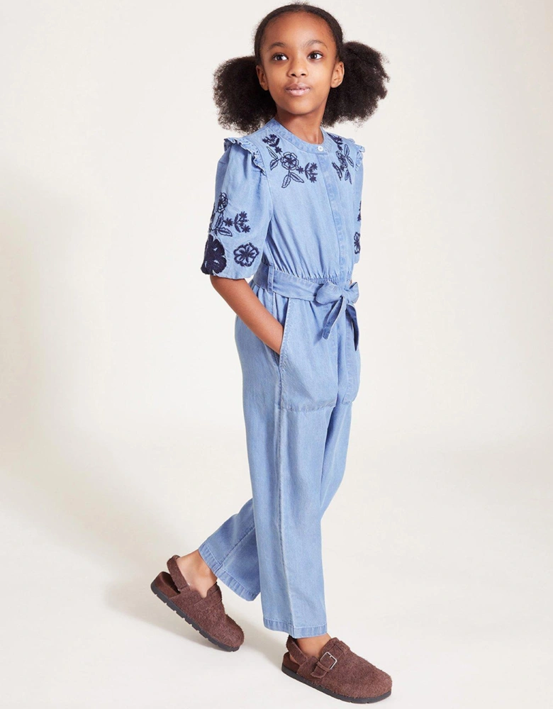 Girls Floral Embroidered Chambray Jumpsuit - Blue