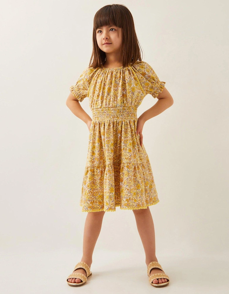 Girls Floral Puff Sleeve Jersey Dress - Yellow