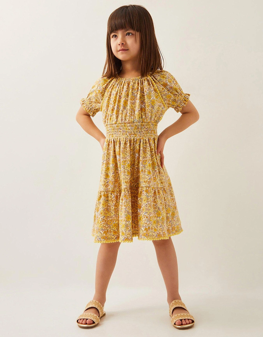 Girls Floral Puff Sleeve Jersey Dress - Yellow, 2 of 1