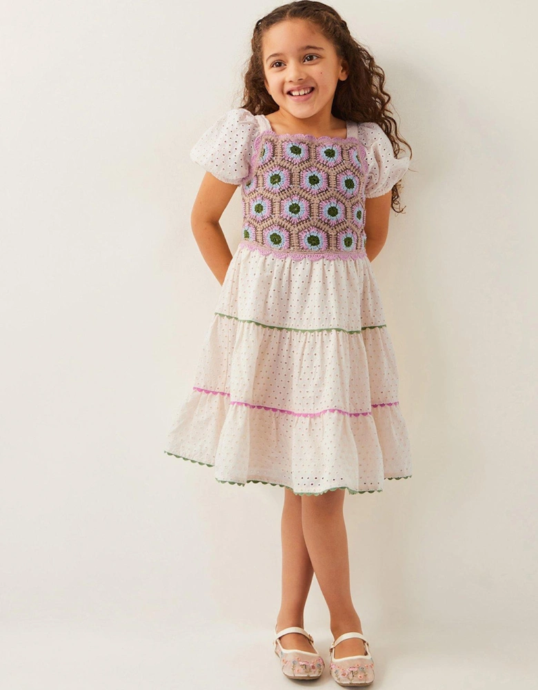 Girls Crochet Yoke Broderie Dress - Light Cream