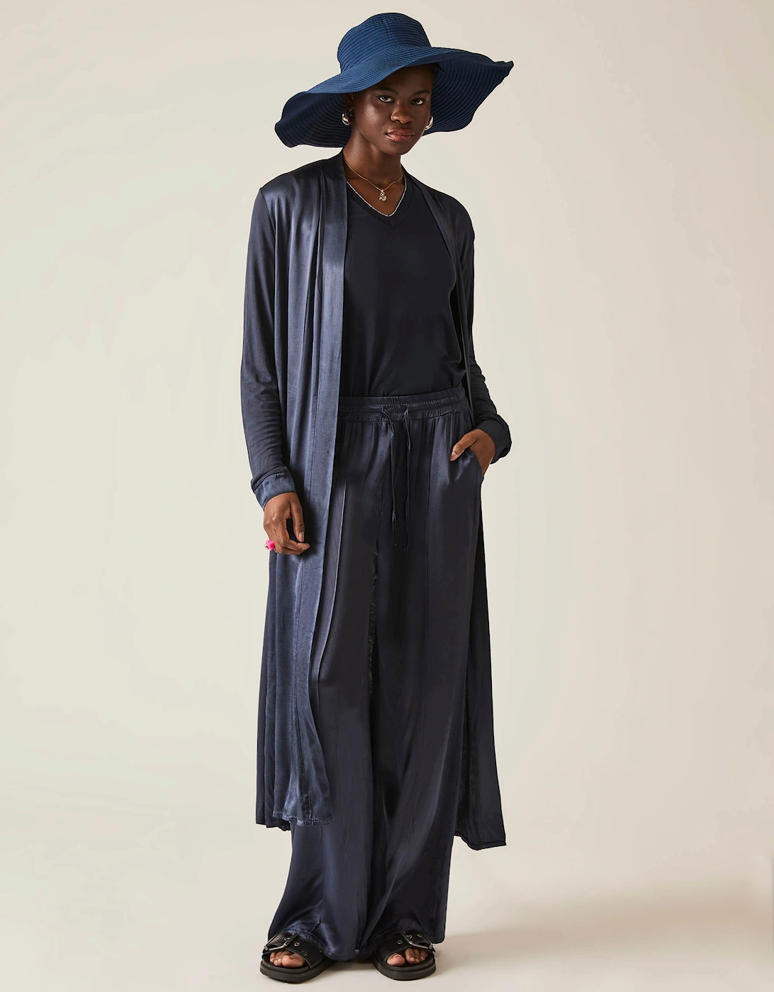 Long Satin Navy Cardigan