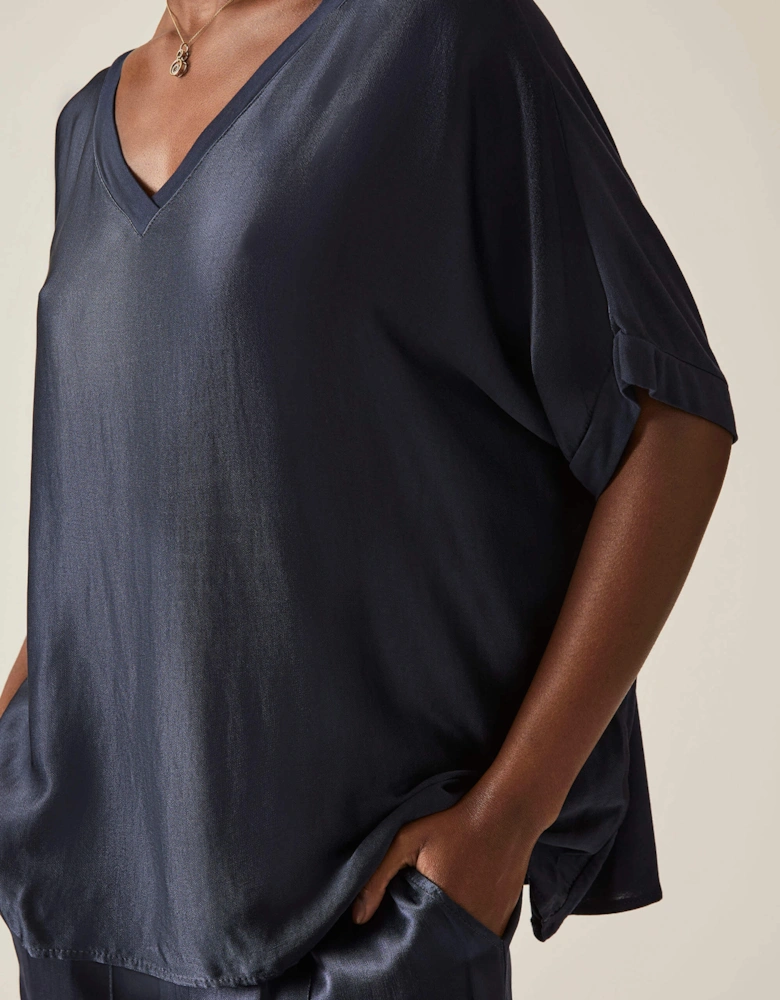 Navy Satin Short-Sleeve Top