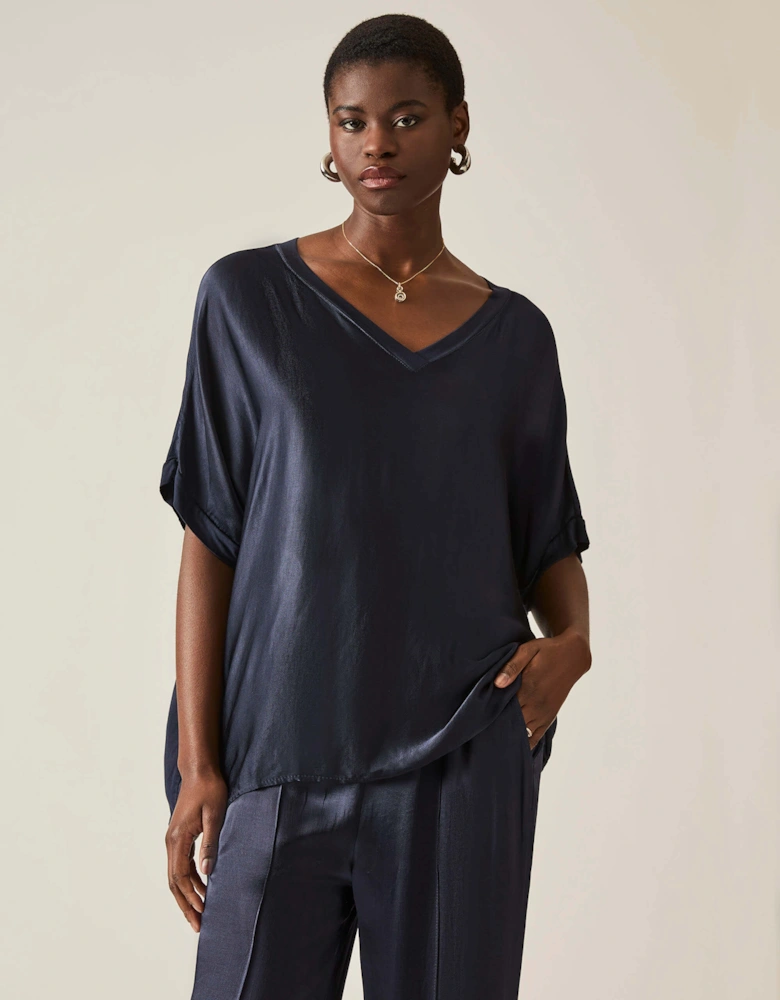 Navy Satin Short-Sleeve Top