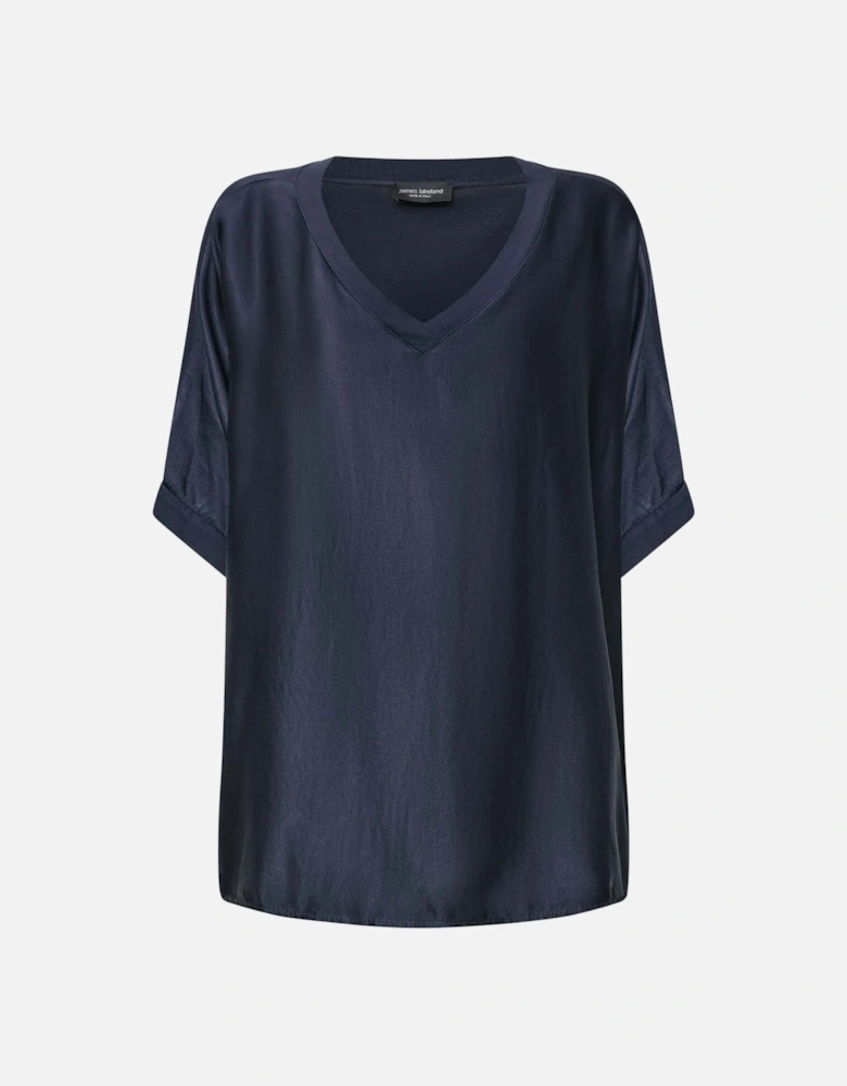 Navy Satin Short-Sleeve Top