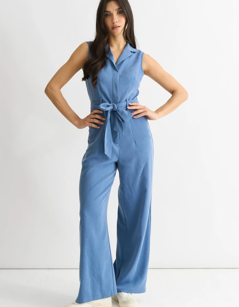 Blue Chambray Sleeveless Utility Jumpsuit