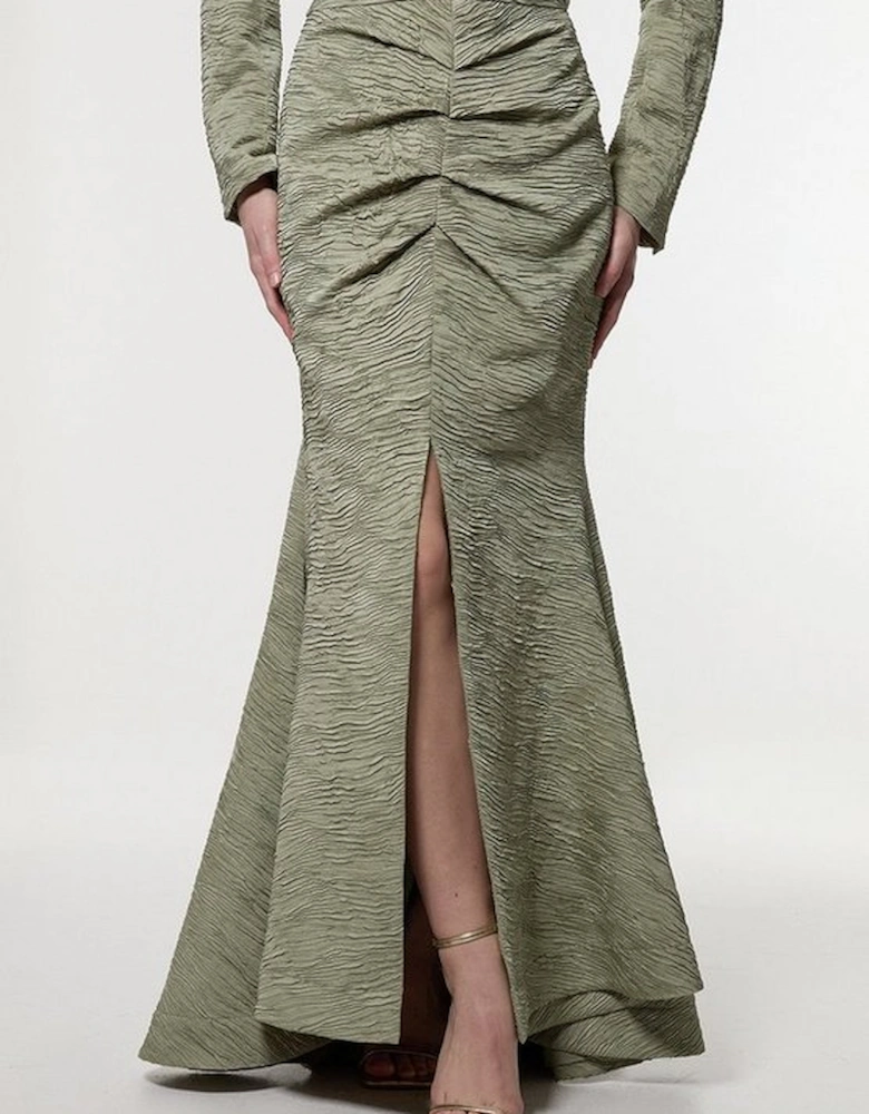 Crinkle Satin Pleated Tailored Maxi Skirt