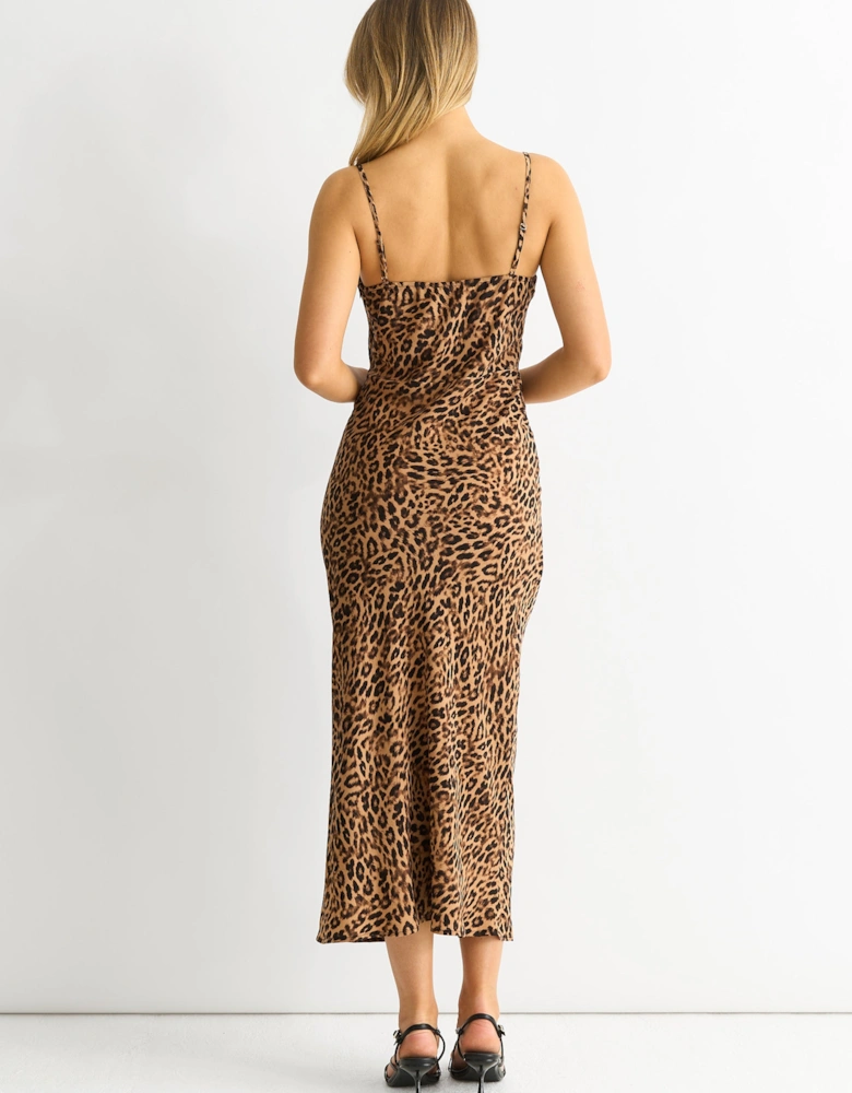 Brown Animal Print Cami Cowl Midi Dress