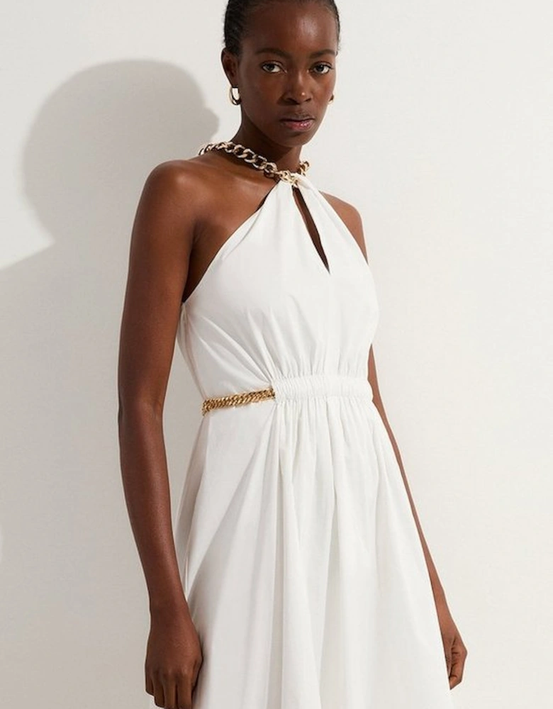 Cotton Poplin Chain Halter Woven Midi Dress