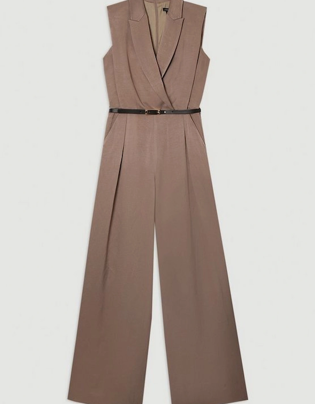 Premium Viscose Linen Tailored Belted Wide Leg Jumpsuit