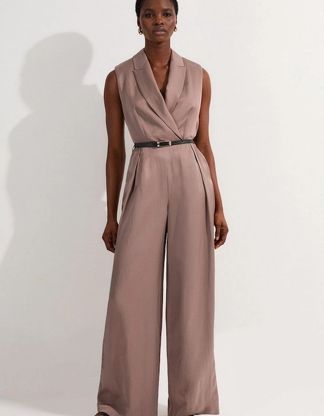 Premium Viscose Linen Tailored Belted Wide Leg Jumpsuit