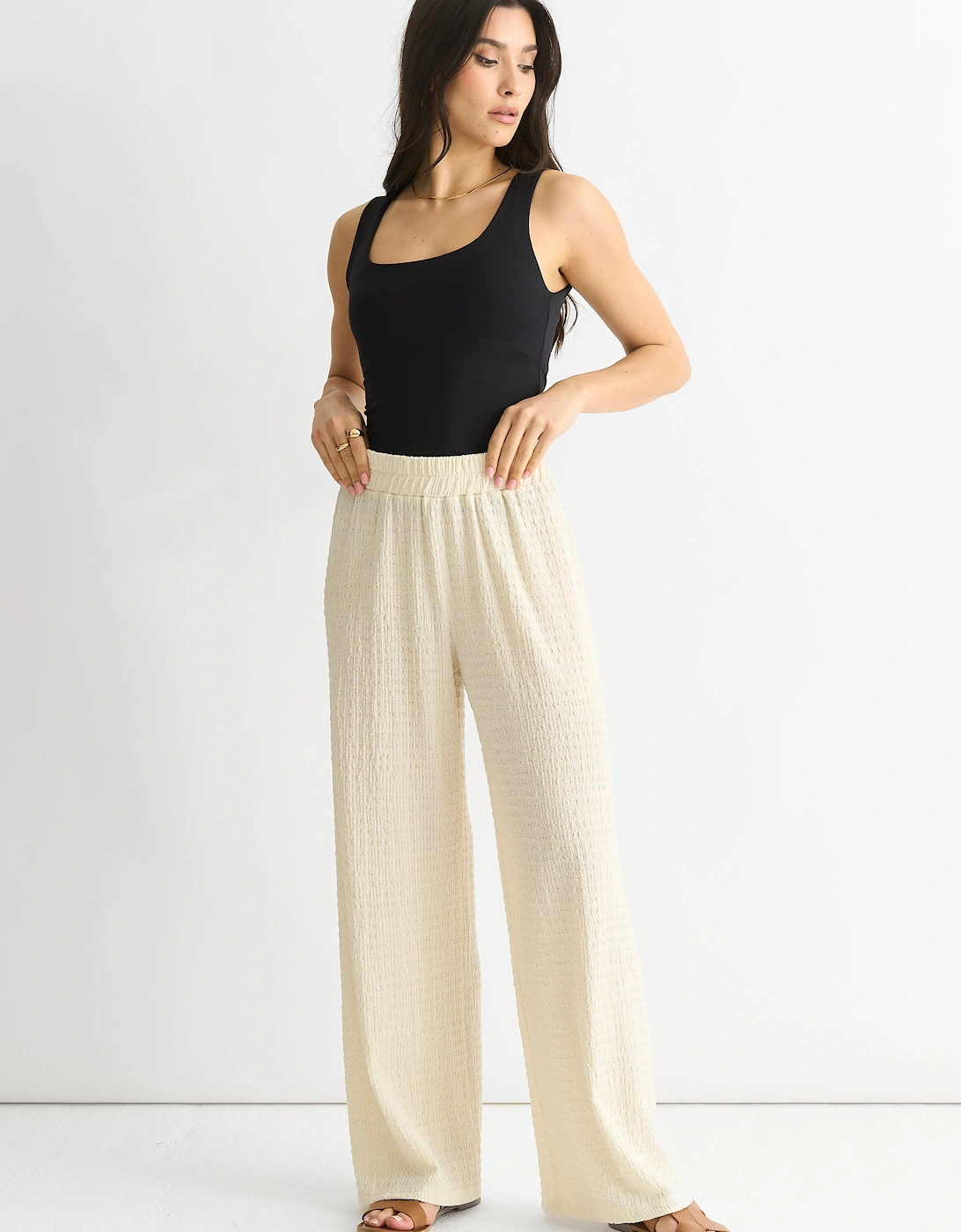 Ivory Textured Elastic Waist Pull On Trousers