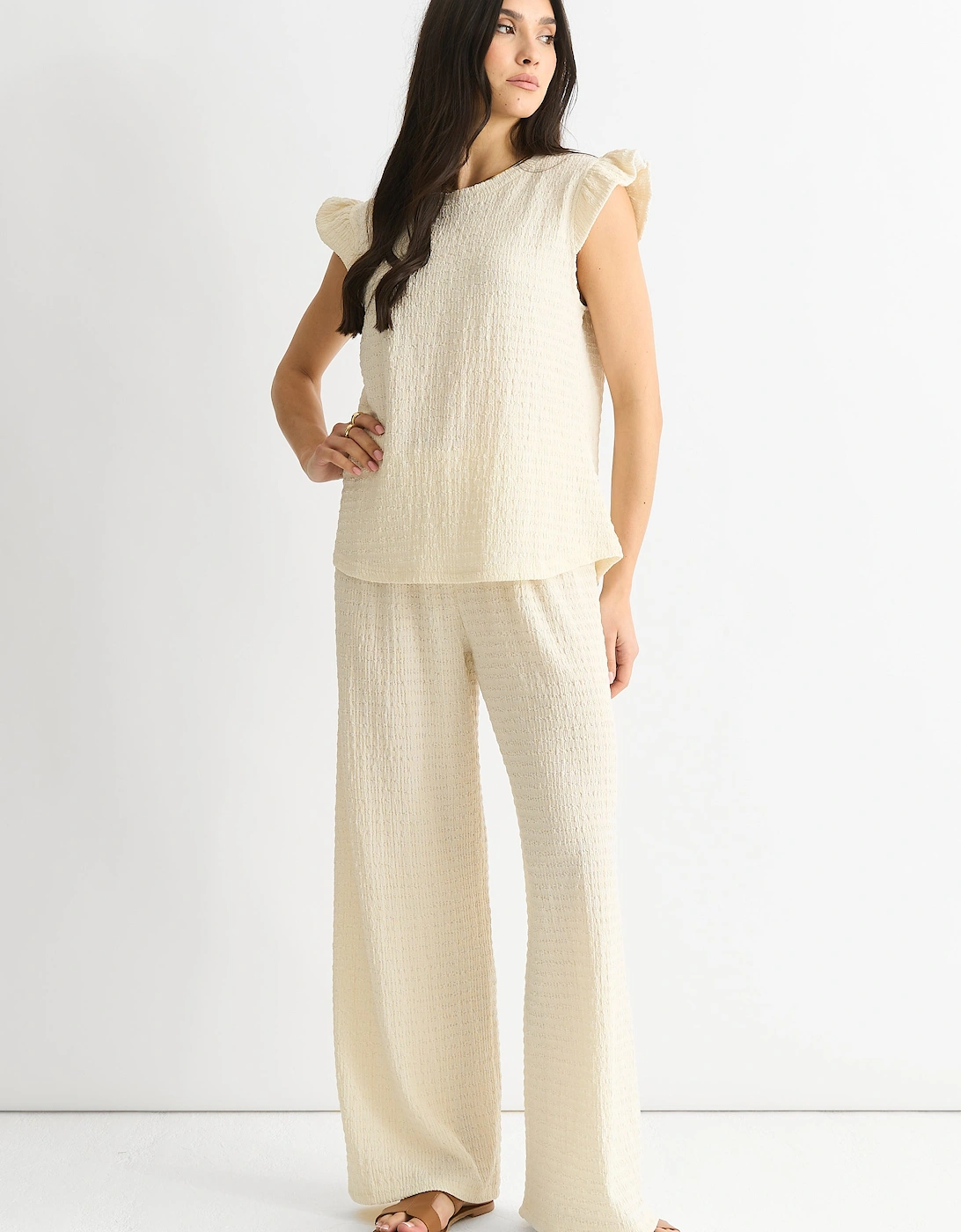 Ivory Textured Elastic Waist Pull On Trousers