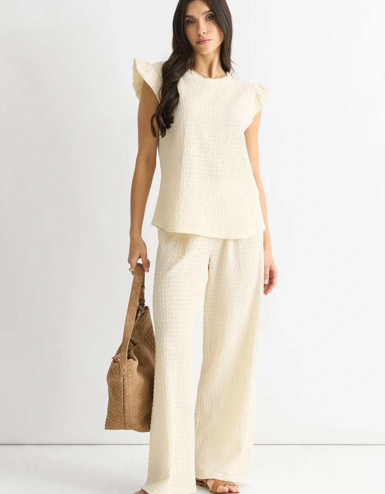 Ivory Textured Elastic Waist Pull On Trousers