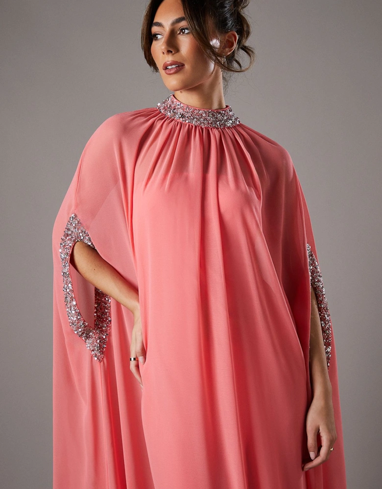 Chiffon Cape Style Sequin Maxi Dress