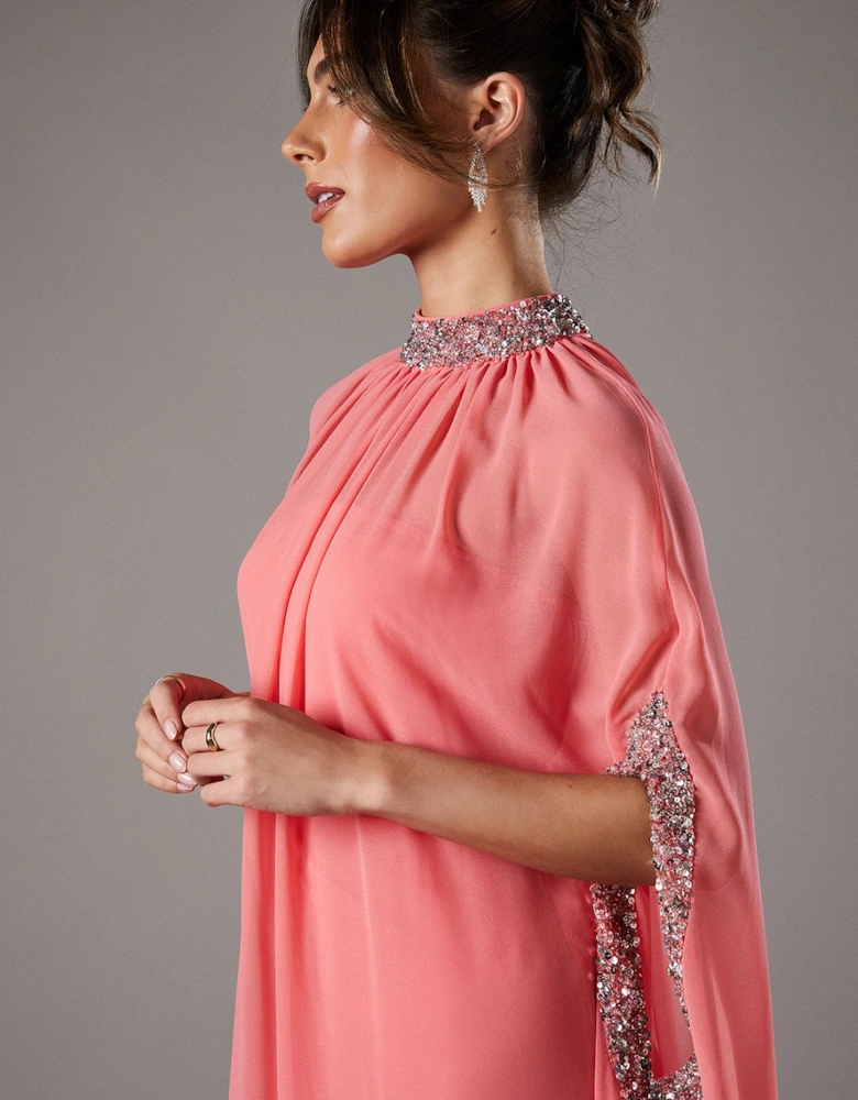 Chiffon Cape Style Sequin Maxi Dress