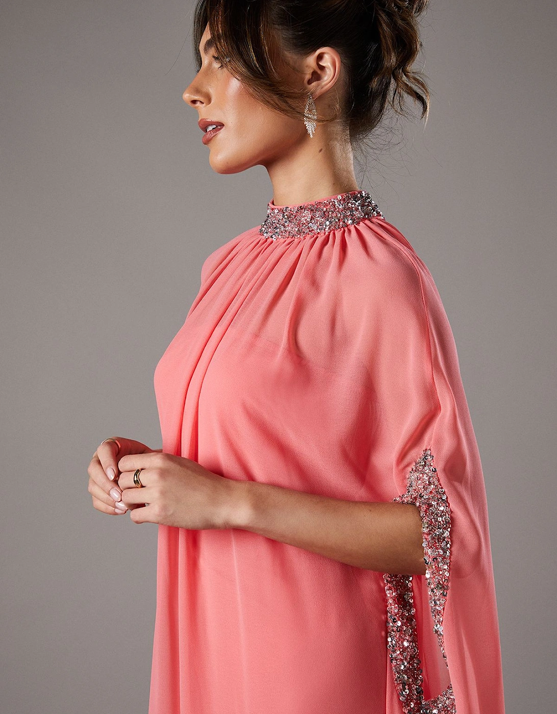 Chiffon Cape Style Sequin Maxi Dress